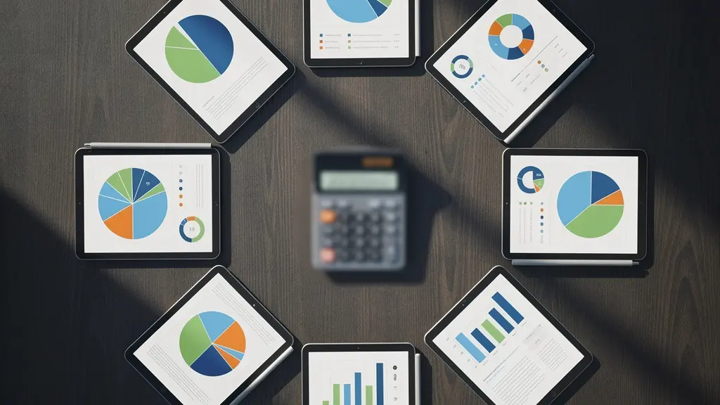Vue en plongée d'un bureau avec tablettes affichant des graphiques de coûts