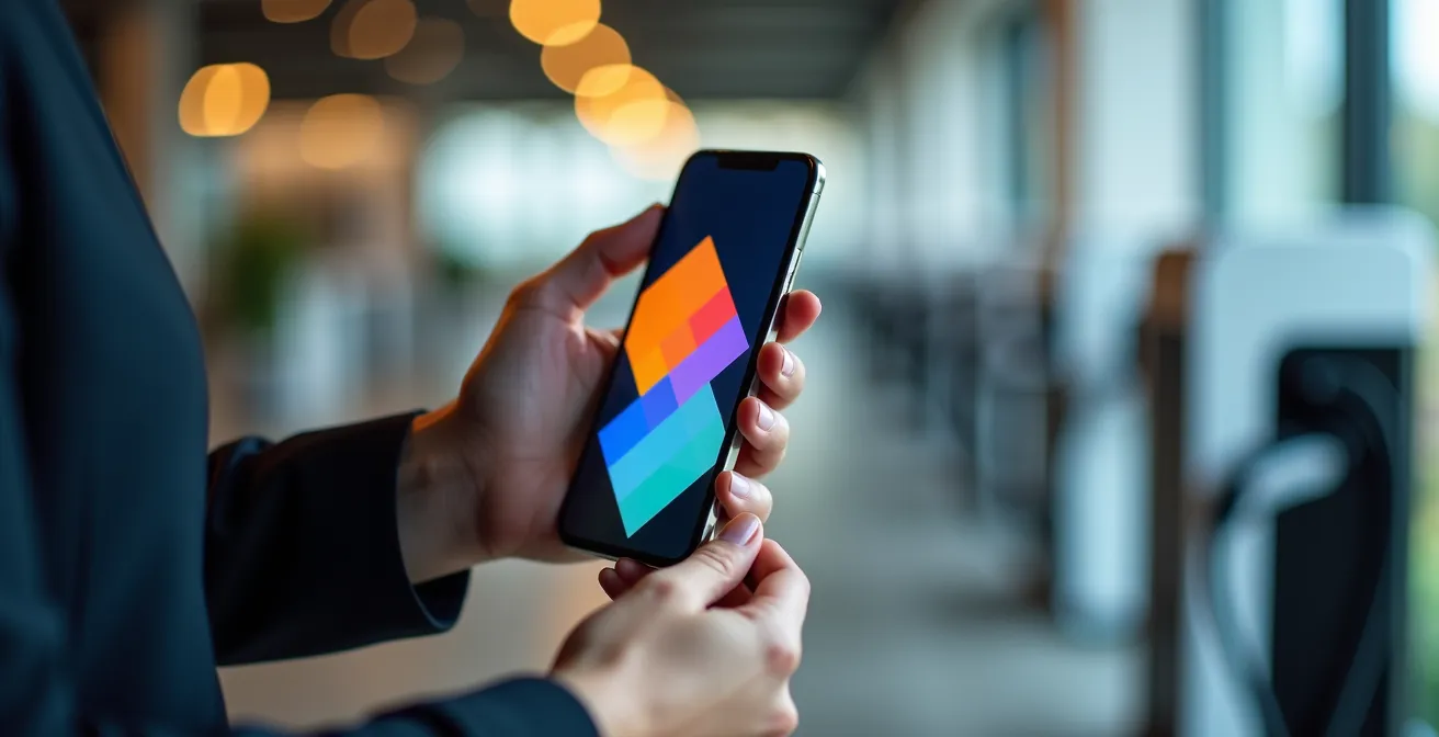 Main tenant un smartphone avec une interface de gestion de flotte d'entreprise