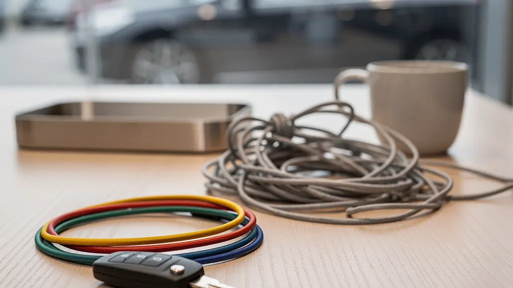 Sur un bureau épuré, une clé de voiture et des cordons soigneusement enroulés symbolisent l’automatisation et la réduction des tâches administratives liées à la mobilité.