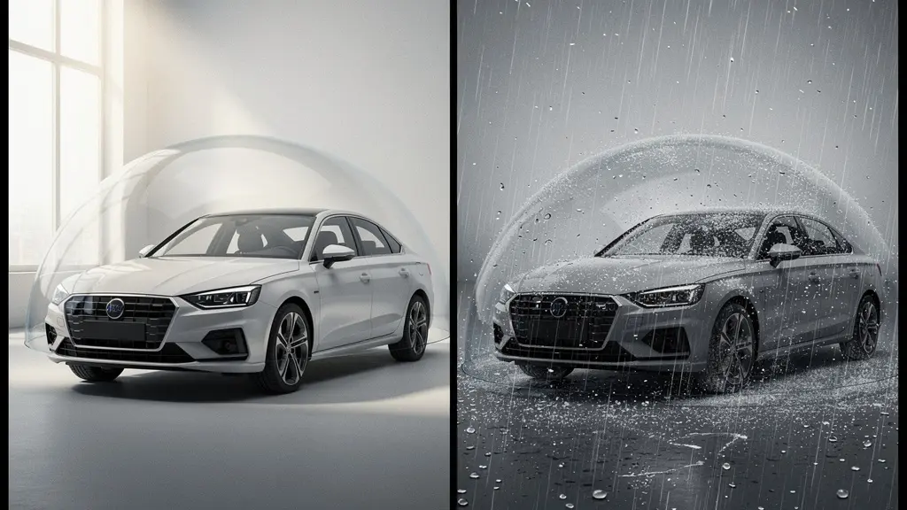 Comparaison visuelle entre différentes options d'assurance automobile pour véhicule en leasing avec mise en évidence de la protection complète