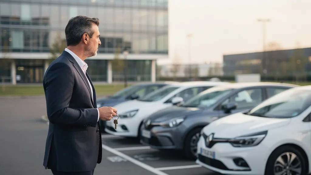 Responsable d’entreprise observant un parking de véhicules professionnels au lever du jour, suggérant un audit des coûts de mobilité.