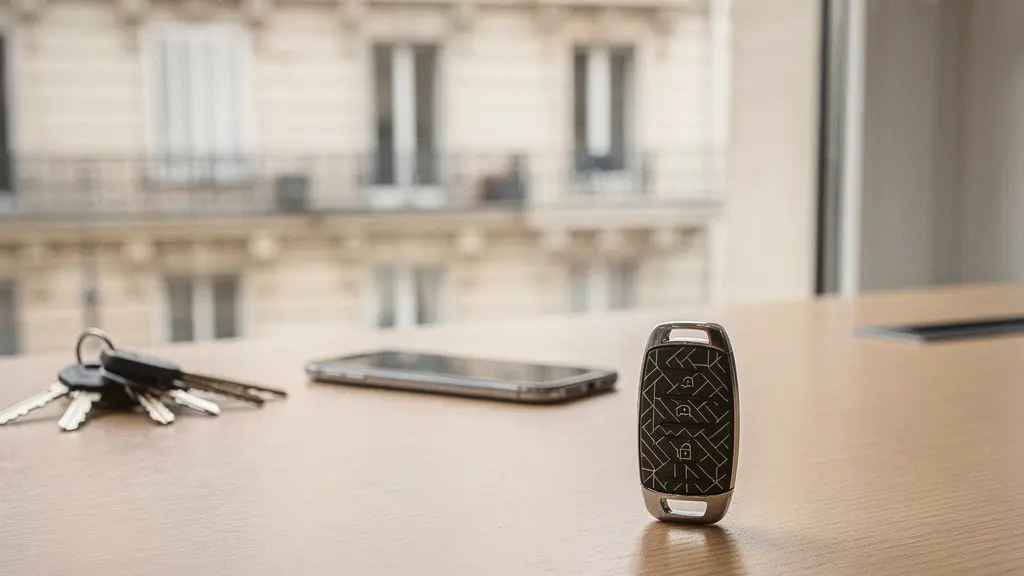 Clé numérique de voiture partagée posée sur un bureau professionnel avec un trousseau de clés traditionnelles en arrière-plan flou, symbolisant la transition vers la mobilité partagée en entreprise