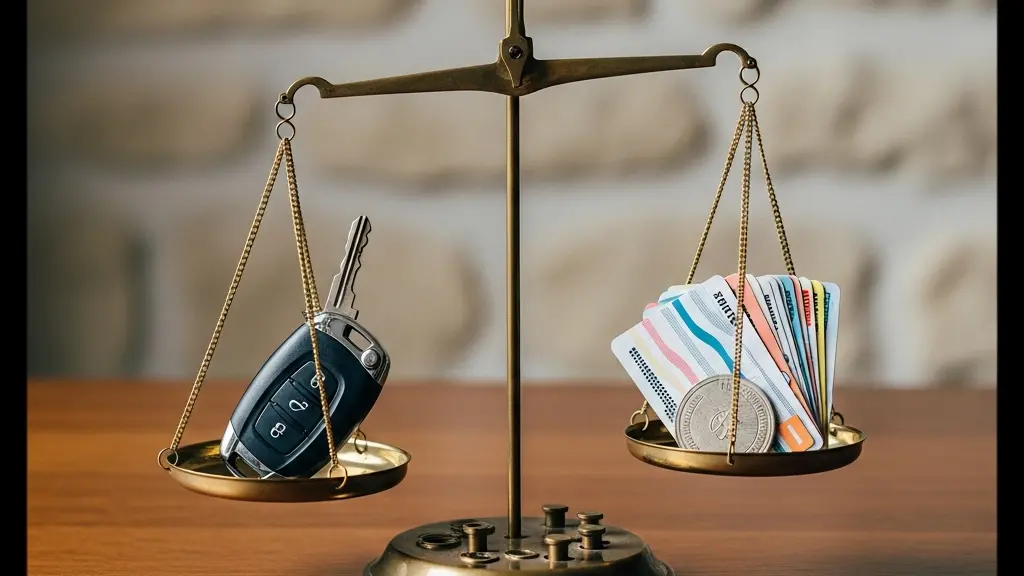 Balance symbolique comparant une clé de voiture de fonction et un éventail de titres de mobilité, illustrant le choix fiscal entre les deux dispositifs.