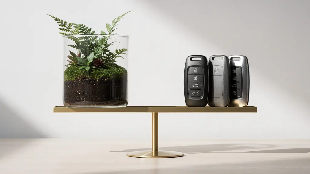 Balance conceptuelle avec d'un côté une forêt miniature symbolisant la compensation carbone et de l'autre des clés de véhicules représentant la modernisation directe de la flotte.