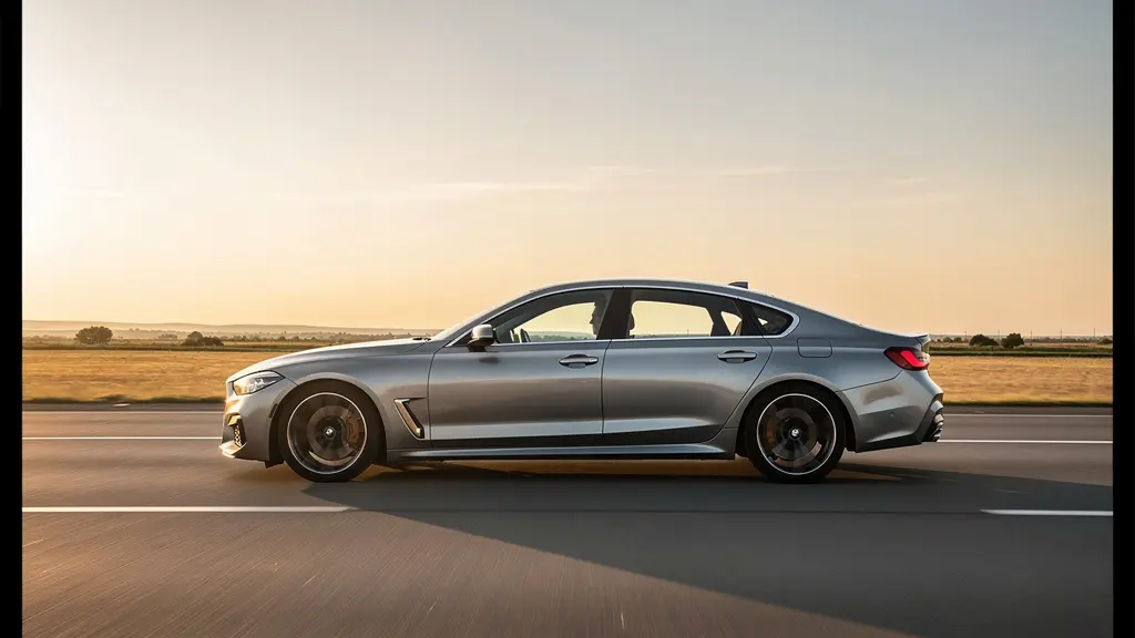 Vue de profil d'une berline moderne sur autoroute avec flux d'air visualisés