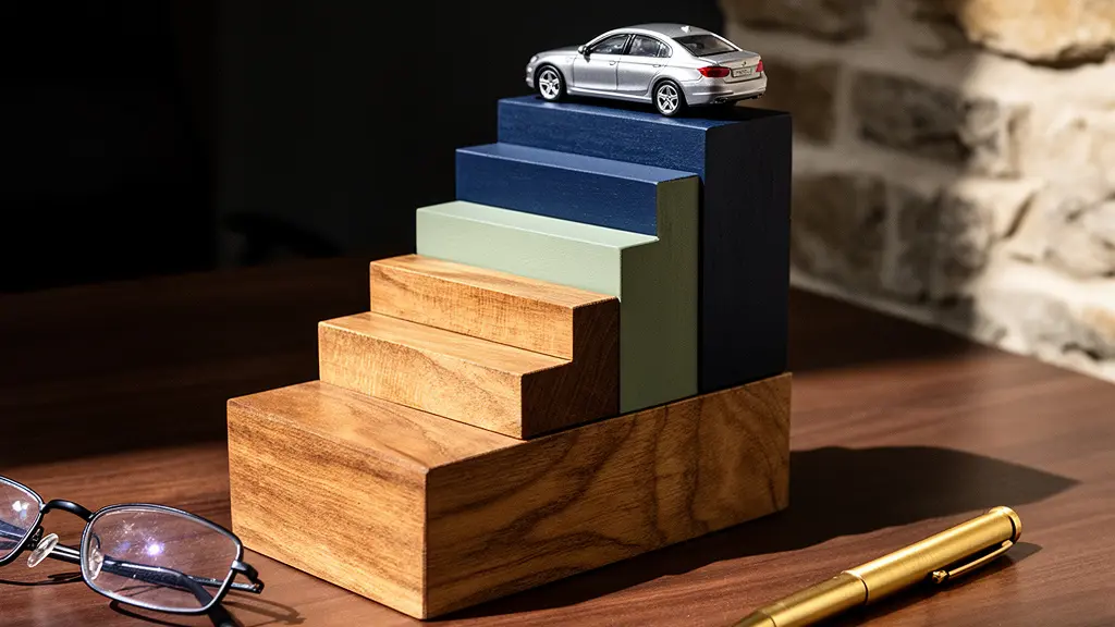 Composition symbolique de cubes en bois empilés représentant les différents postes de coûts d'une flotte automobile, illustrant l'approche budget base zéro.