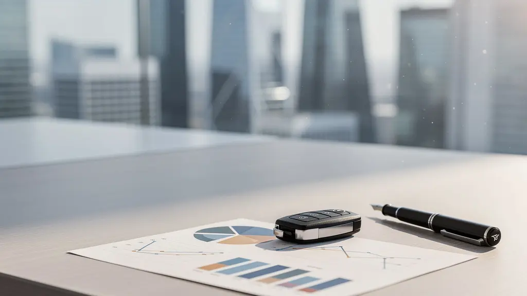 Bureau de gestionnaire de flotte avec rapports financiers, clés de voiture et graphiques d'analyse de coûts, ambiance professionnelle et précise.