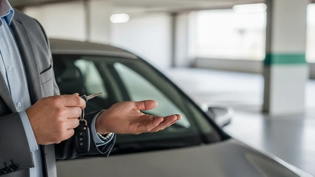 Portrait d’un cadre dans un parking d’entreprise tenant des clés de voiture, expression hésitante, illustrant l’attachement au statut lié à la voiture attribuée.