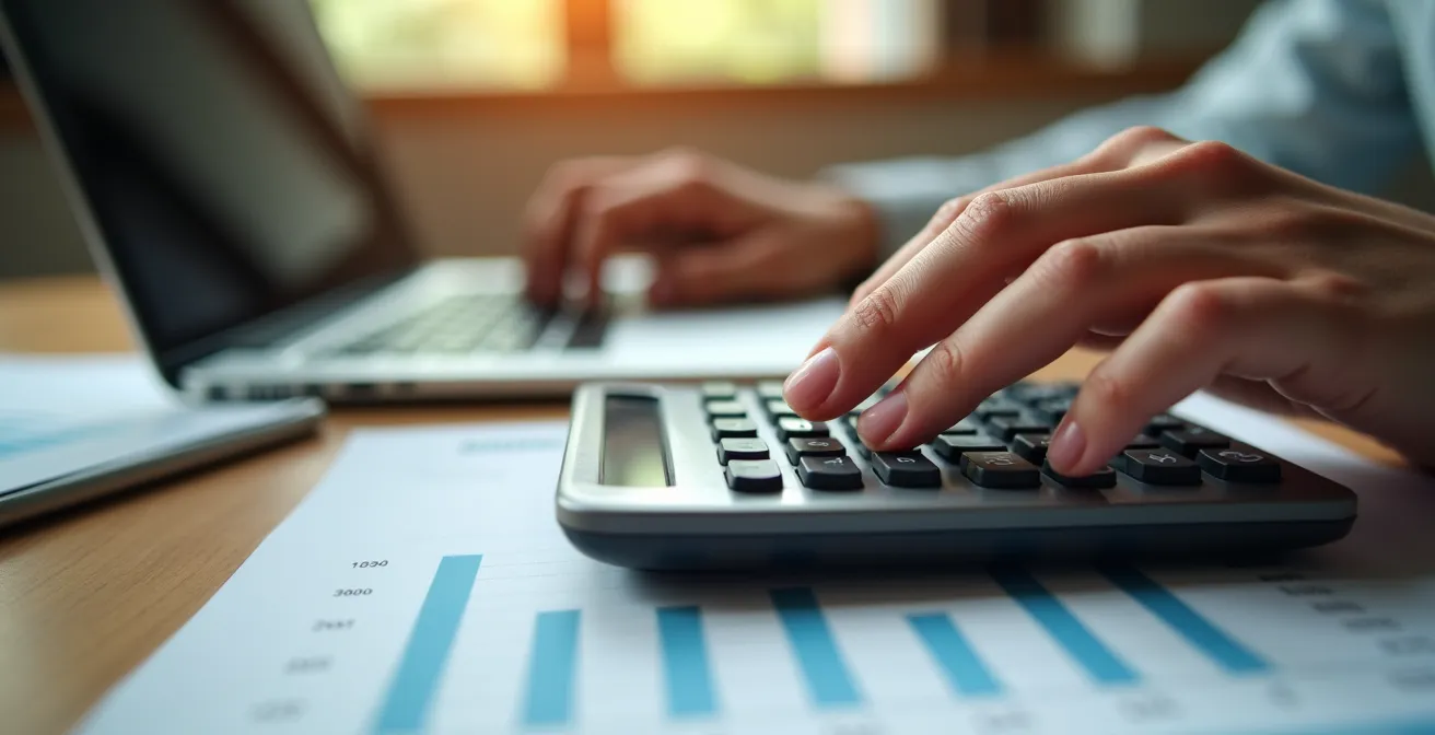 Gros plan sur mains manipulant une calculatrice avec documents flous en arrière-plan