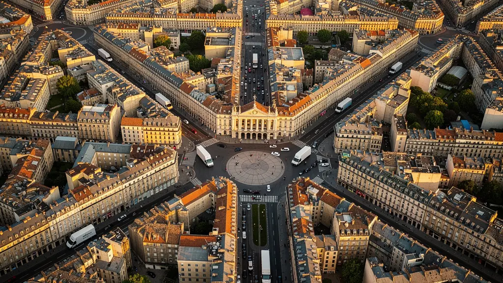 Vue aérienne d'un centre urbain avec superposition visuelle de zones colorées et véhicules utilitaires en périphérie