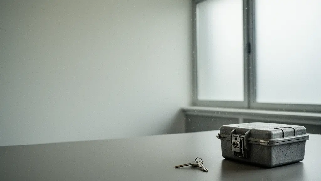 Salle de réunion minimaliste avec une mallette verrouillée posée sur une table et une clé à côté, symbolisant une clause de sortie et la réversibilité d'un contrat de gestion de flotte.