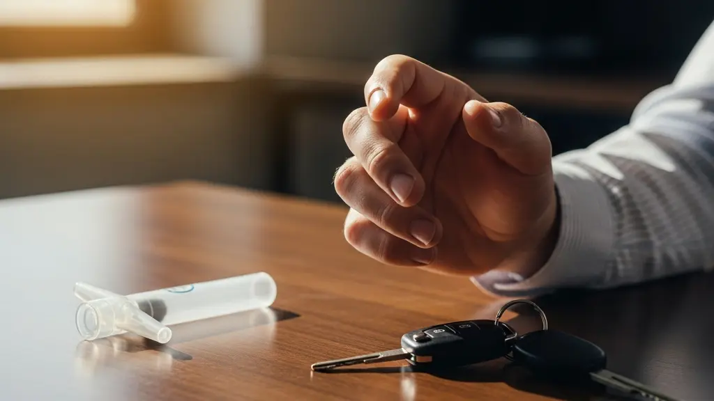 Clé de véhicule de fonction posée sur un bureau professionnel à côté d'un éthylotest, symbolisant la responsabilité partagée entre salarié et entreprise en cas d'accident.