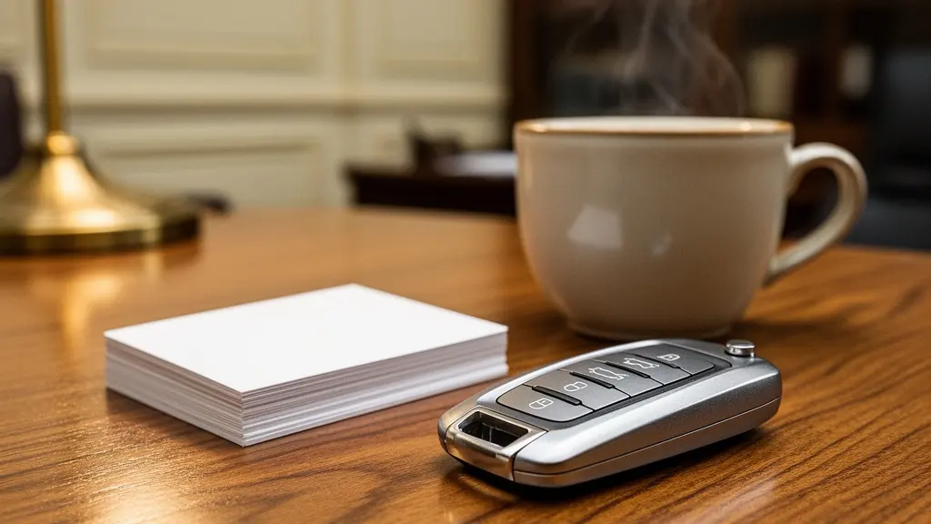 Gros plan sur une main tendant une clé de voiture moderne posée sur un bureau professionnel, symbolisant le choix offert au commercial pour son véhicule de fonction.