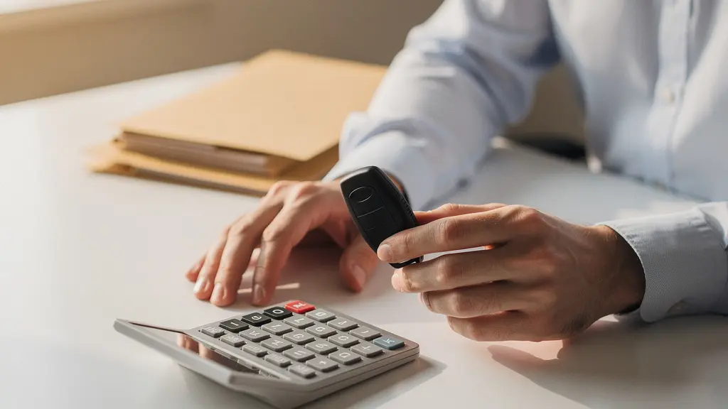 Clé de voiture posée à côté d'une calculatrice sur un bureau épuré, symbolisant le calcul du rapport coût-bénéfice d'un contrat Full Service en leasing