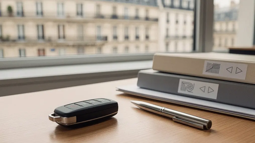 Clé de voiture posée sur un bureau professionnel à côté d'un trousseau, symbolisant la mise à disposition d'un véhicule pour un nouveau commercial en période d'essai