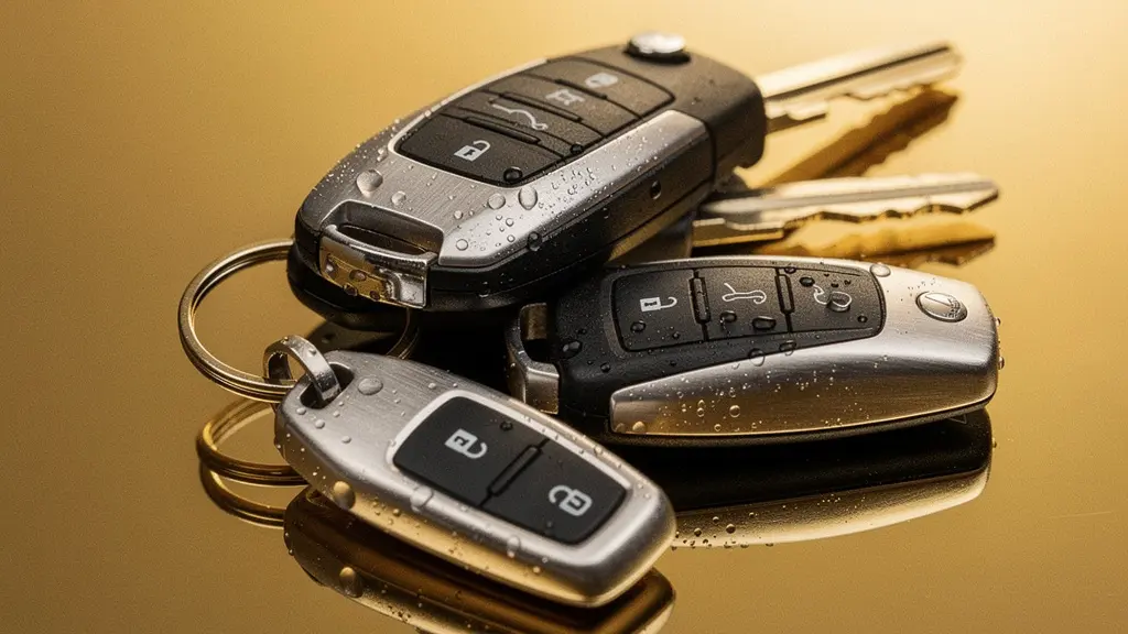 Gros plan sur des cles de vehicules professionnels posees sur une surface metallique reflechissante evoquant la transformation d'actifs en liquidites