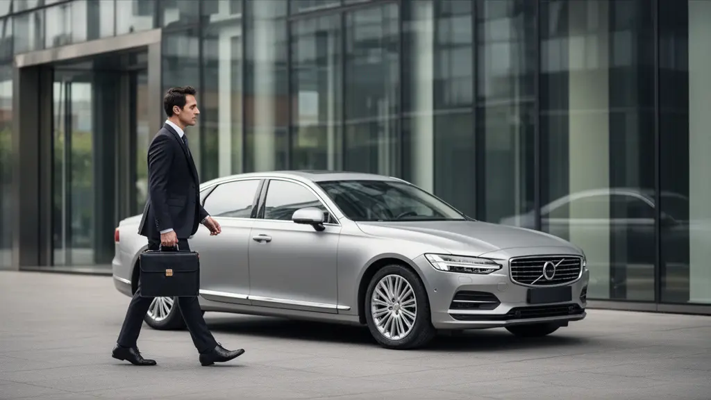 Berline élégante garée discrètement devant un immeuble de bureaux moderne