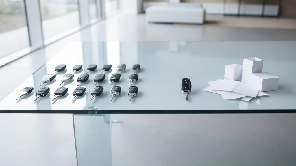 Balance symbolique comparant visuellement achat et leasing avec éléments représentatifs