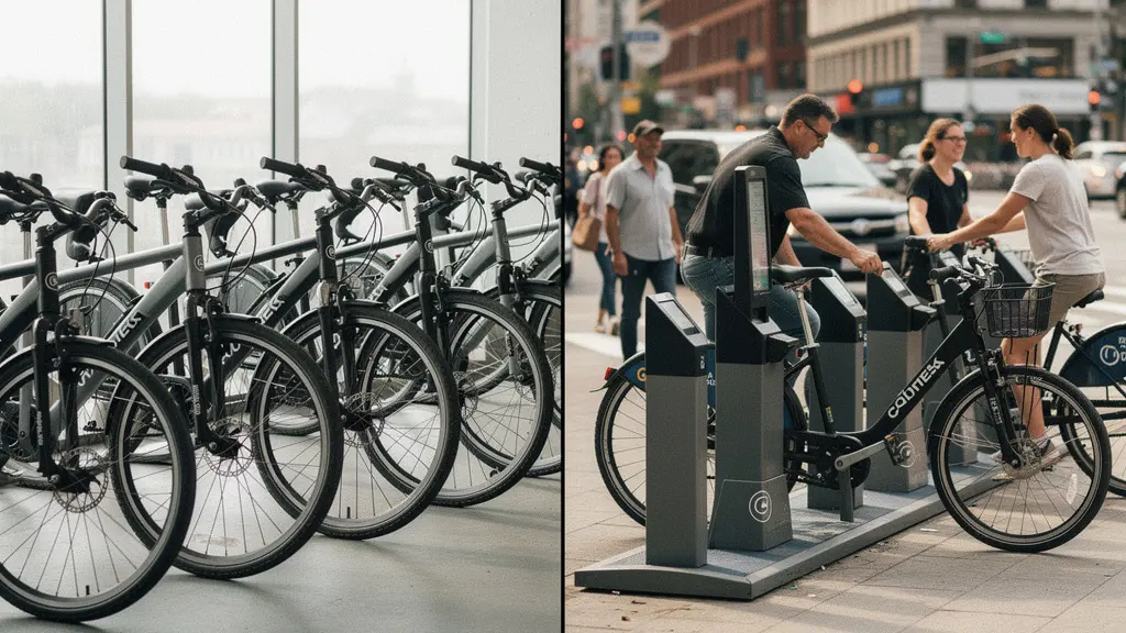 Comparaison visuelle entre une flotte de vélos d'entreprise alignés et une station de vélos en libre-service