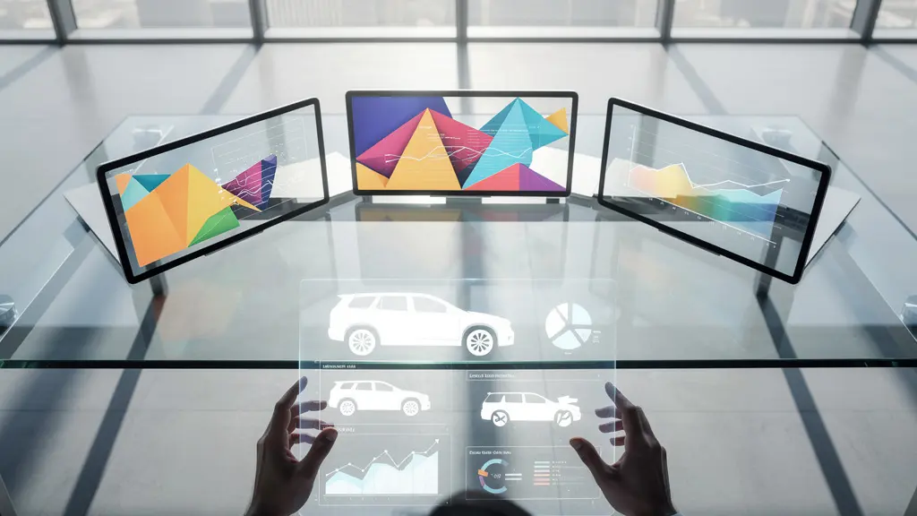 Bureau moderne avec plusieurs écrans affichant des tableaux comparatifs de véhicules, calculatrice posée sur des documents contractuels