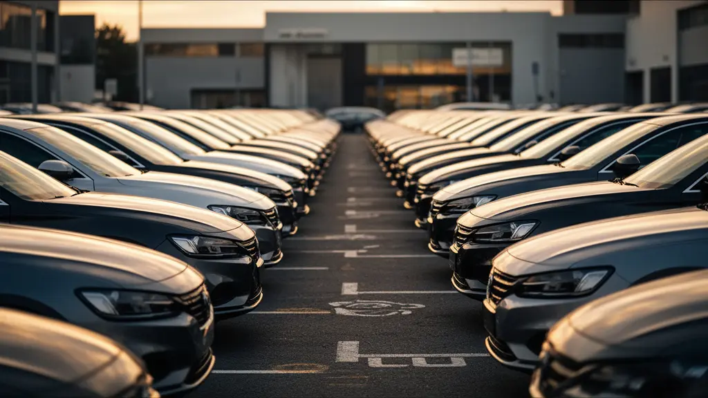 Parc de stockage automobile avec rangées de berlines sous éclairage du soir