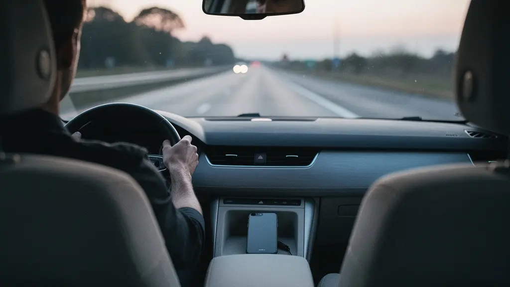 Vue large et épurée de l’habitacle d’une voiture en mouvement, avec un téléphone face cachée et un conducteur concentré, illustrant la réduction des distractions.