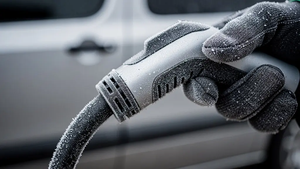 Gros plan macro d'un connecteur de recharge couvert de givre, tenu par une main avec gant, ambiance froide, sans texte ni logo.