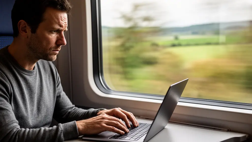 Professionnel travaillant sur ordinateur portable dans un train moderne avec paysage flou en arrière-plan