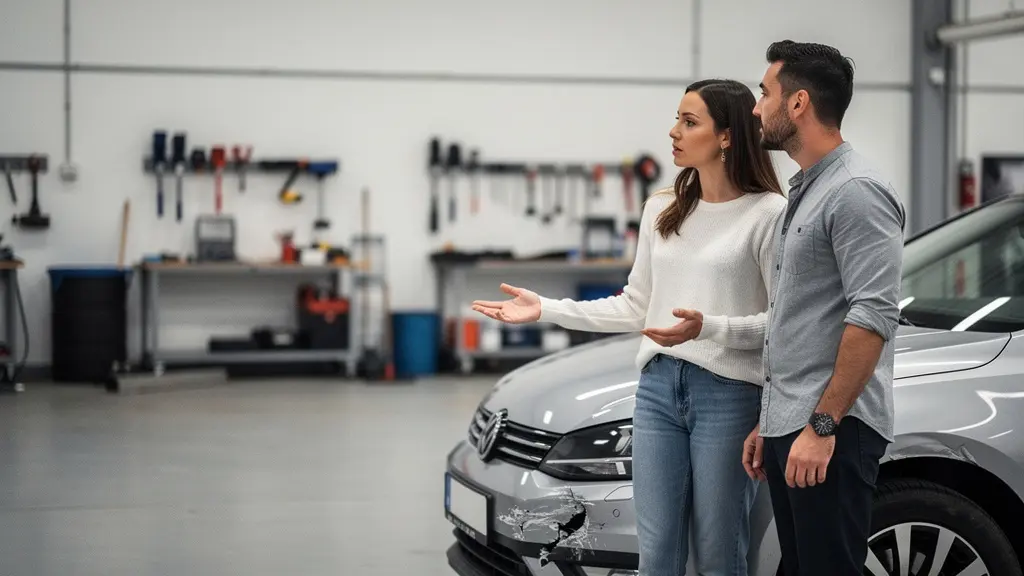 Deux professionnels discutent près d’une voiture endommagée dans un atelier, suggérant une négociation d’indemnisation, avec un large espace vide pour un titre.