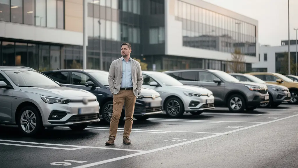 Parking d’entreprise avec quelques véhicules peu utilisés et un gestionnaire qui observe la flotte, suggérant une réflexion sur le coût d’un contrat full service.
