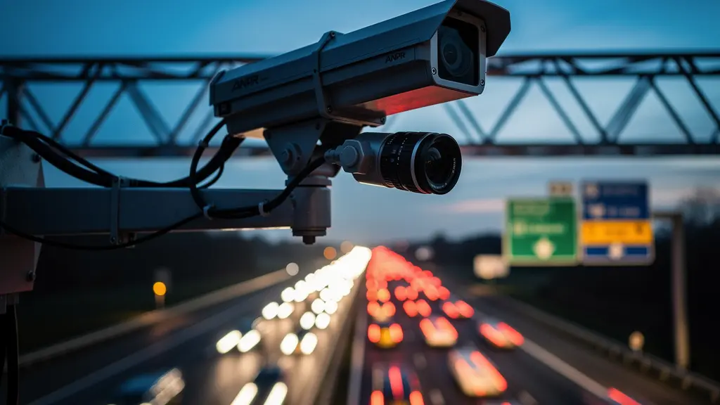 Caméra de surveillance routière sur autoroute néerlandaise au crépuscule