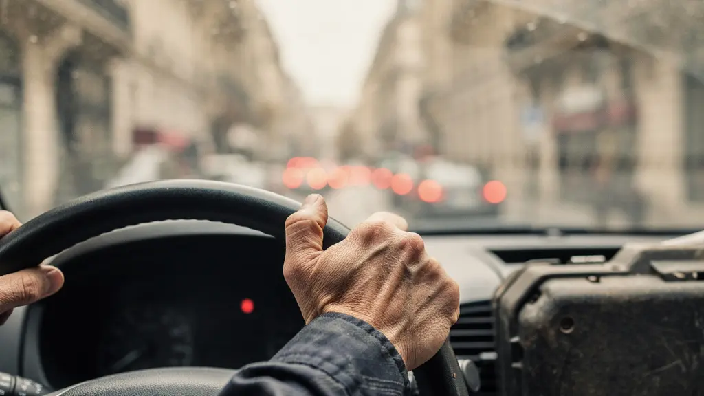Main d'un technicien sur un volant dans un embouteillage urbain, reflet de facades dans le pare-brise