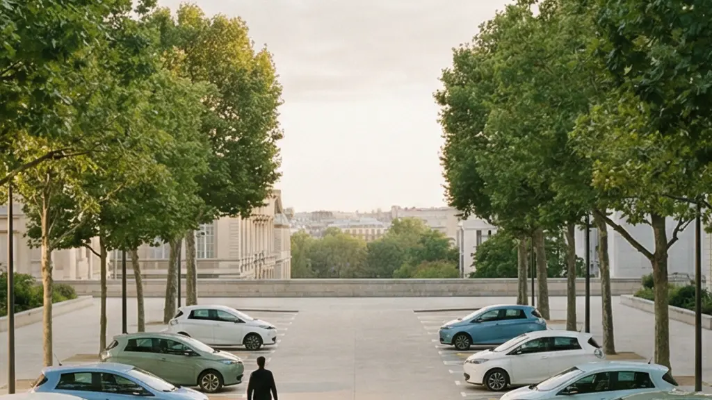 Vue aérienne d'un parking d'entreprise moderne avec des véhicules partagés électriques et des bornes de recharge, symbolisant la mobilité durable en entreprise.