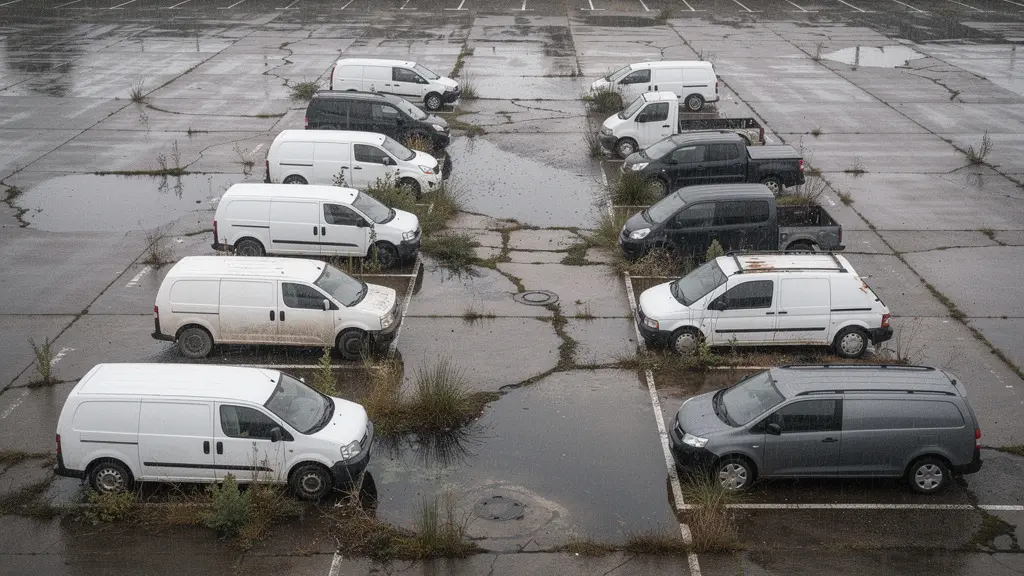 Vue en plongee d'un parking professionnel avec des utilitaires anciens a l'arret evoquant l'obsolescence des vehicules diesel face aux restrictions environnementales
