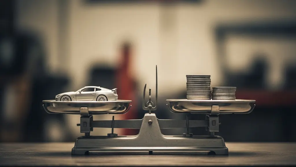 Une balance métallique oppose une petite voiture miniature à des jetons neutres, illustrant l'écart entre estimation d'expert et prix de marché.