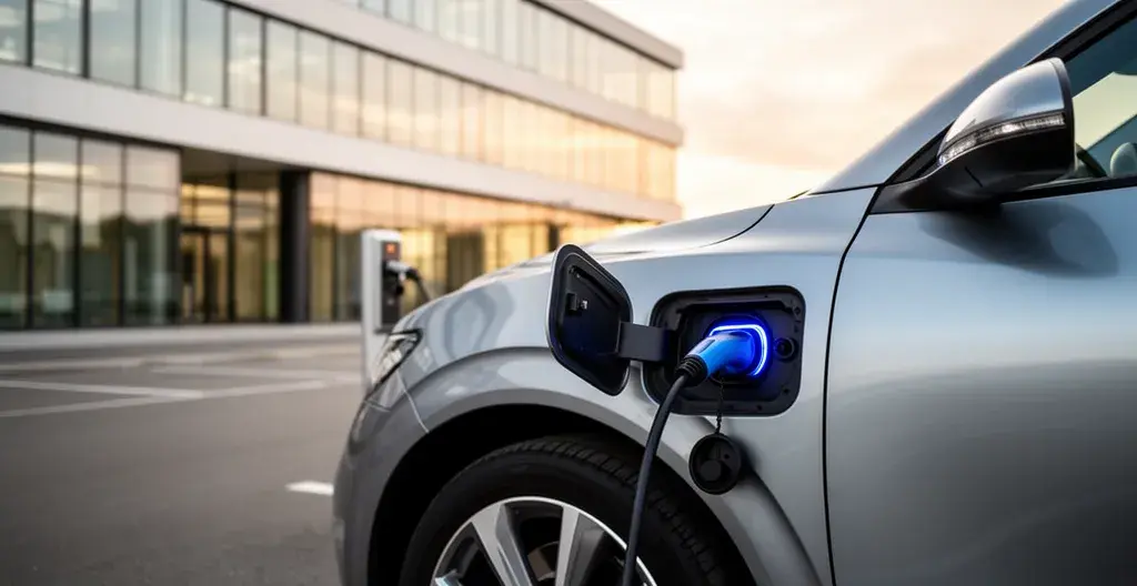 Elektrische premium SUV aan laadpunt bij Belgisch kantoorgebouw voor fiscaal voordelige leasing