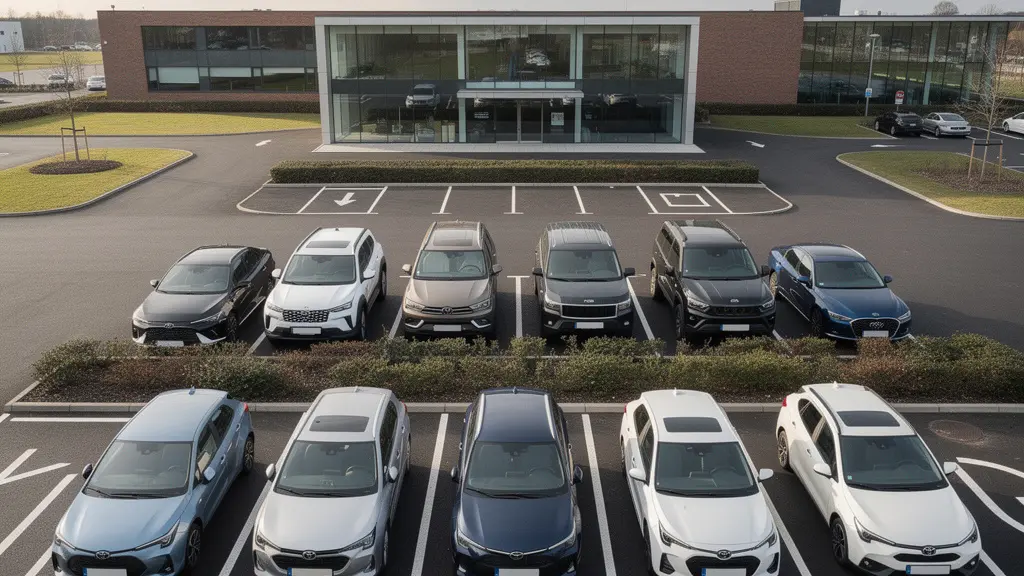 Vue aérienne d'un parking d'entreprise avec différentes catégories de véhicules alignés, illustrant l'équité dans l'attribution des voitures de société