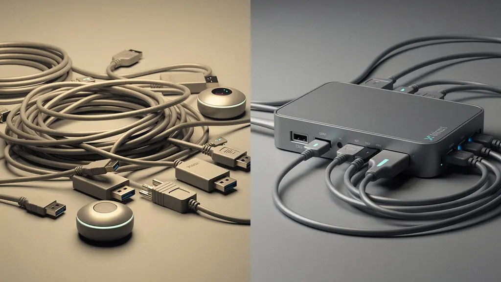 Plan rapproché d'un enchevêtrement de câbles et de connecteurs d'un côté, et d'un faisceau parfaitement organisé de l'autre, symbolisant la saisie manuelle versus l'intégration automatisée des données de flotte.