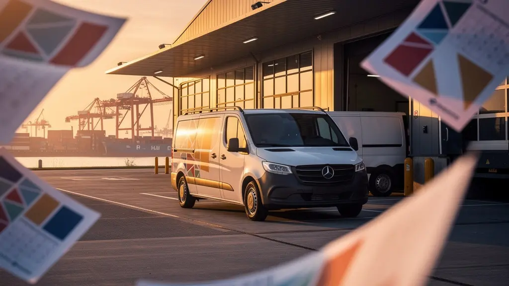 Fourgonnette utilitaire devant entrepôt néerlandais avec calendrier 2025