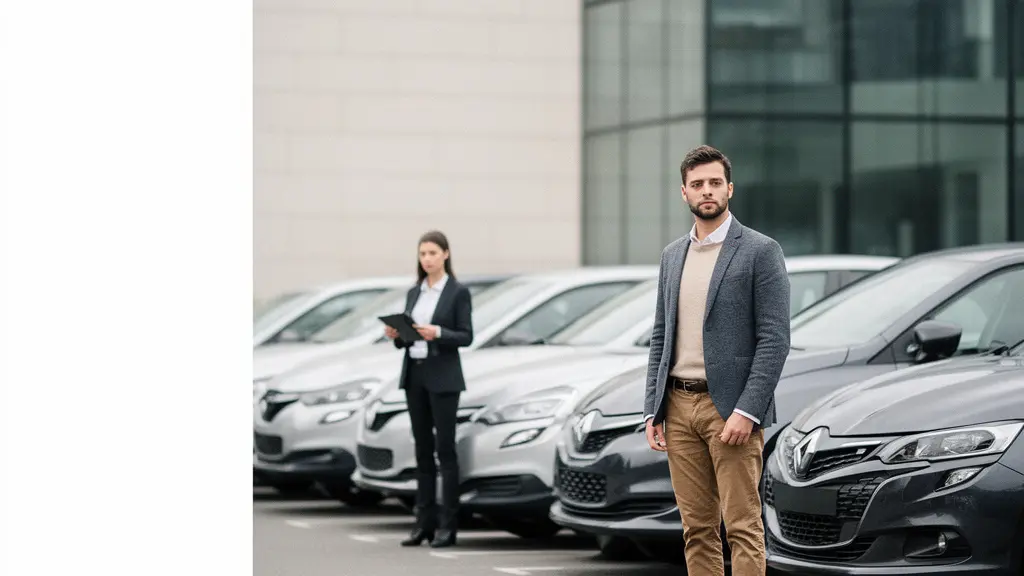 Dans un parking d'entreprise, une personne observe une rangée de véhicules tandis qu'une autre silhouette reste en arrière-plan, suggérant une gestion externalisée avec une zone de ciel vide pour placer un titre.