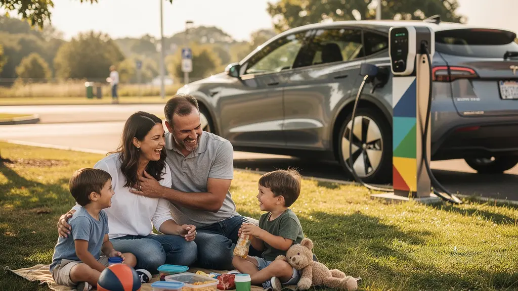 Famille se détendant près d'une borne de recharge rapide sur une aire d'autoroute