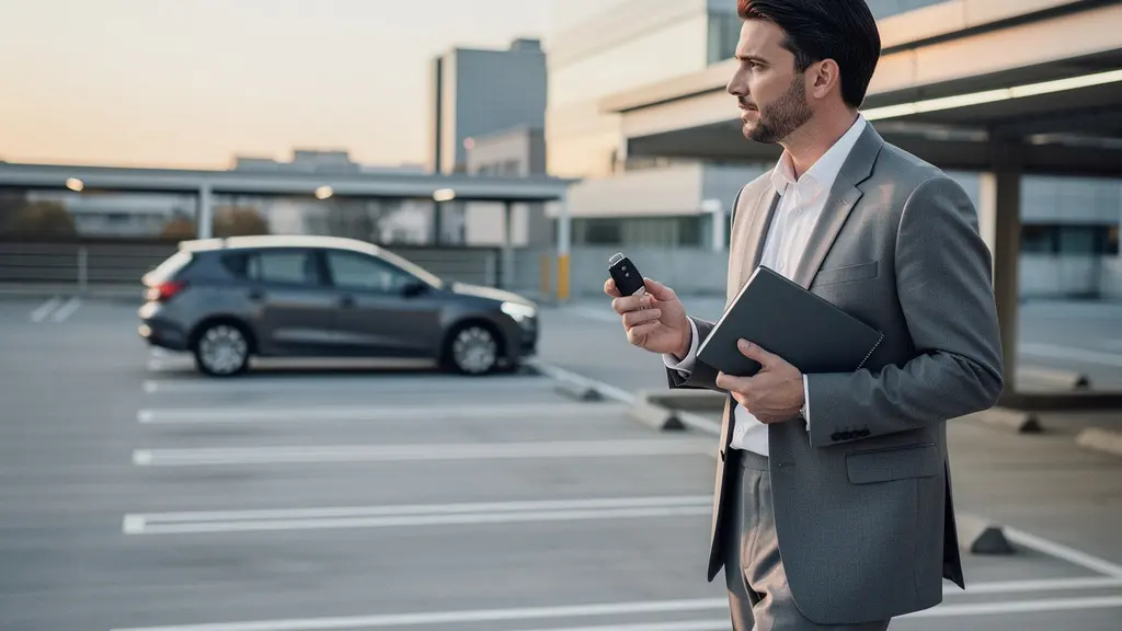 Un voyageur d'affaires dans un parking urbain tient des cles de voiture et regarde une voiture disponible, avec un grand espace vide dans l'image pour une mise en page editoriale.