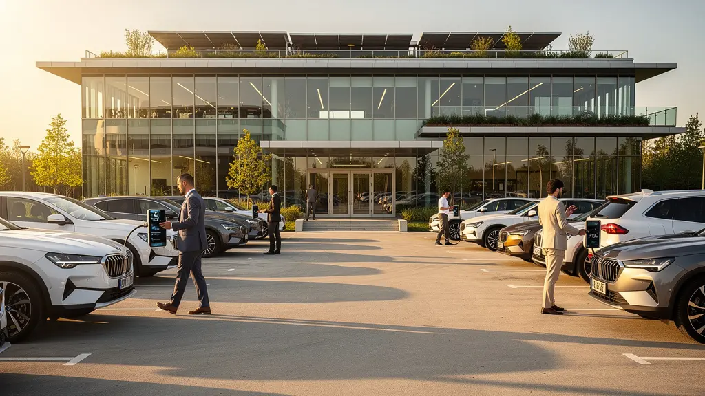 Bureau moderne avec vue sur parking d'entreprise où plusieurs collaborateurs accèdent aux véhicules partagés