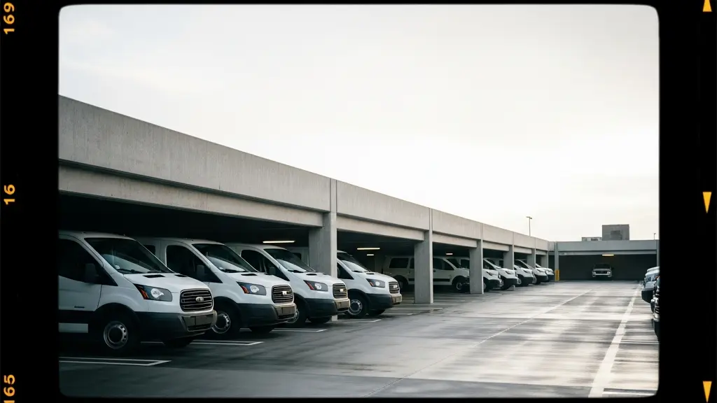 Vue large et épurée d'un parking de flotte avec des véhicules génériques alignés, suggérant une gestion structurée et une valorisation d'actifs.