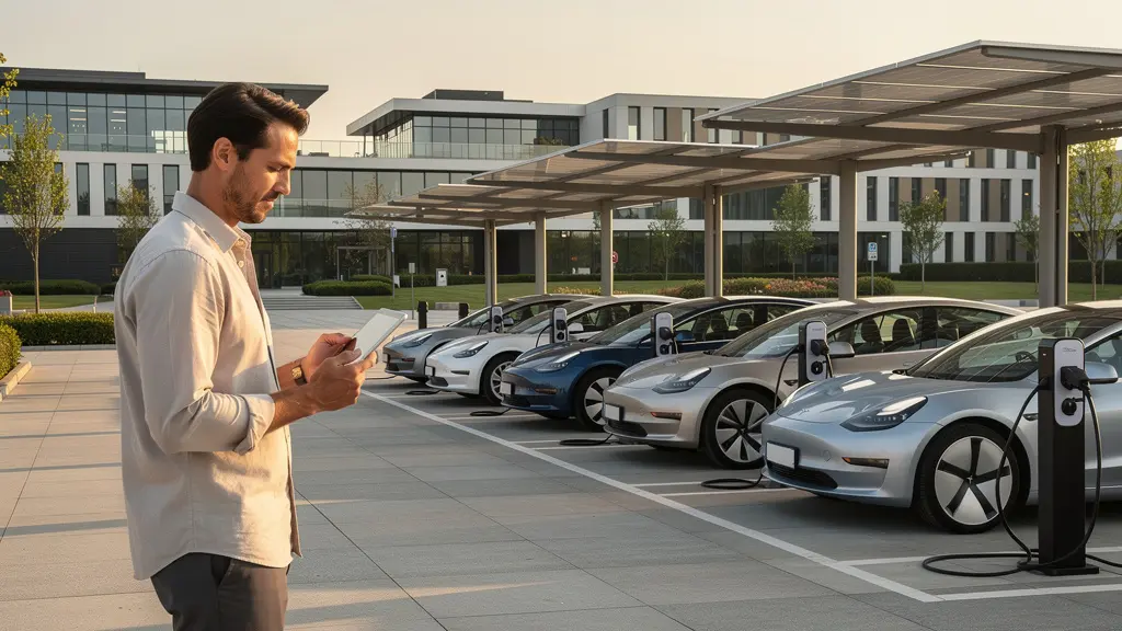 Gestionnaire de flotte analysant des données énergétiques sur une tablette avec véhicules électriques en charge à l'arrière-plan