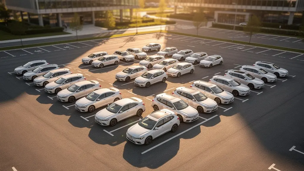 Vue aérienne d'une flotte de véhicules d'entreprise avec documents financiers en arrière-plan