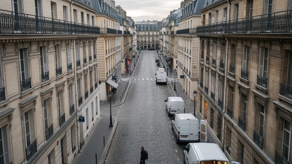 Vue aerienne d'une rue de centre-ville dense avec des vehicules utilitaires stationnes entre des immeubles haussmanniens