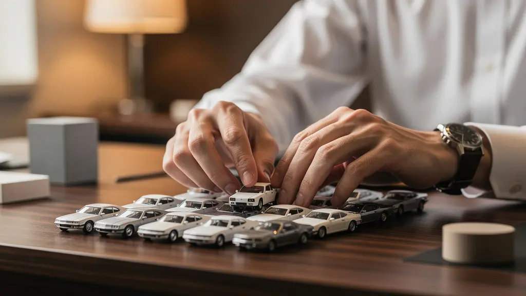 Main d'un professionnel manipulant des miniatures de vehicules sur une surface strategique evoquant le pilotage expert d'un parc automobile externalise