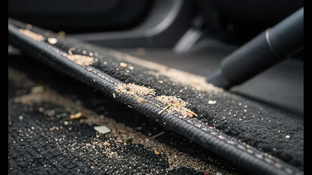 Gros plan sur du sable et de petits debris sous un tapis de sol de voiture, avec un embout d aspirateur a proximite, avant une restitution.
