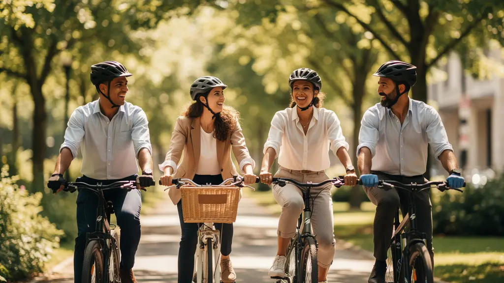 Groupe de collègues souriants à vélo se dirigeant vers un déjeuner d'équipe